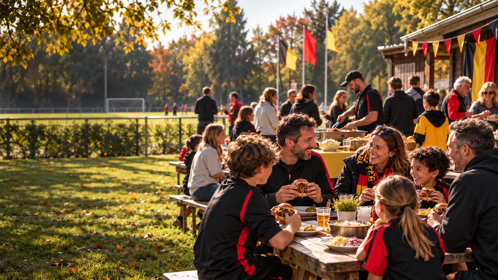 Illustration de familles et de joueurs Bears partageant des burgers près du terrain