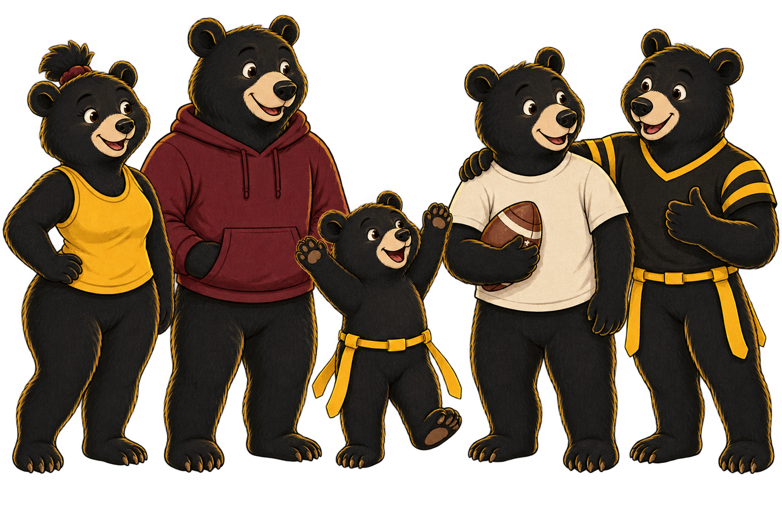 Exemple d’équipe de cinq ours noirs : une joueuse, un enfant, des adultes débutants et un joueur Bears